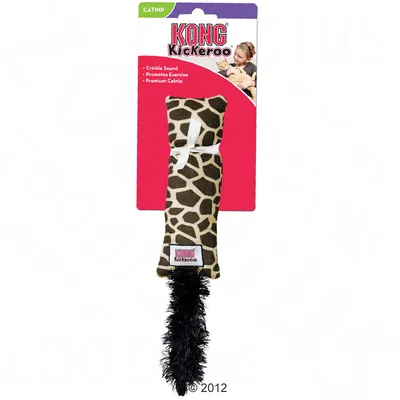 KONG Kickeroo Katzenspielzeug mit Giraffenmuster, Knistergeräusch, fördert Bewegung, Premium-Katzenminze. Verpackung zeigt Produktdetails.