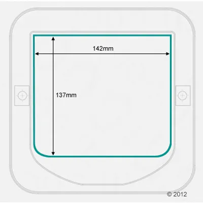 Diagrama de puerta para mascotas con medidas internas: ancho 142 mm, alto 137 mm.