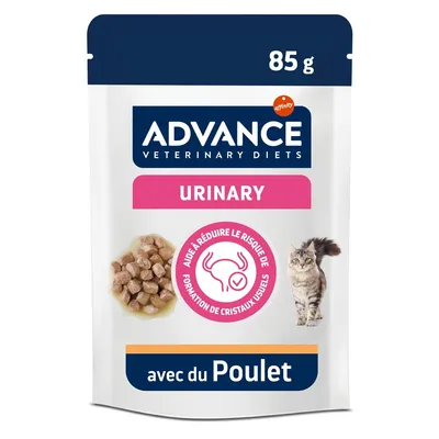 Advance Veterinary Diets Urinary, 85 g, aide à réduire le risque de formation de cristaux urinaires, avec du poulet. Image d’un chat et des bouchées en sauce visibles sur l’emballage. Advance Veterinary Diets Urinary, 85 g, aide à réduire le risque de formation de cristaux urinaires, avec du poulet. Image d’un chat et des bouchées en sauce visibles sur l’emballage.