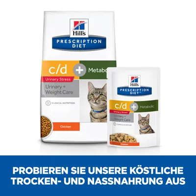 Hill's Prescription Diet c/d + Metabolic Urinary Stress Urinary + Weight Care kattenvoer, droog- en natvoer, smaak kip. Tekst onderaan in het Duits: Probieren Sie unsere köstliche Trocken- und Nassnahrung aus.
