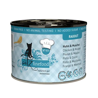 Catz Finefood Ragout č. 613, kuře a mušle, bez obilovin, bez přidaného cukru, bez testování na zvířatech, 95 % masa a mořských plodů, přirozeně dobré.