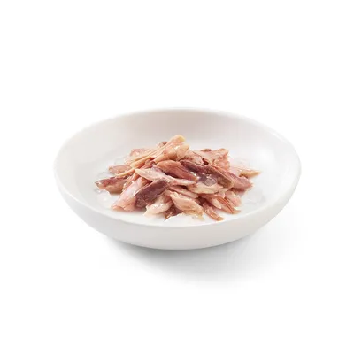 Ciotola bianca con filetti di carne rosa in gelatina, presentazione del prodotto alimentare per pet. Nessun marchio o testo visibile.