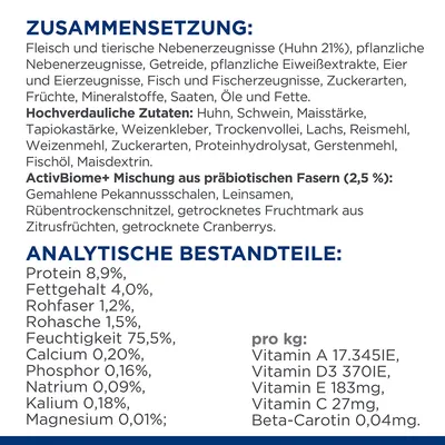 Zusammensetzung: Huhn 21%, Schwein, Fisch, Getreide, pflanzliche Zutaten. Analytische Bestandteile: Protein 8,9%, Fettgehalt 4,0%, Feuchtigkeit 75,5%. Vitamine pro kg: A, D3, E, C, Beta-Carotin.