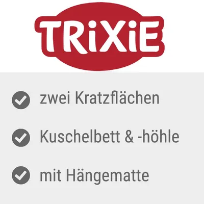 Trixie. Zwei Kratzflächen, Kuschelbett und -höhle, mit Hängematte.
