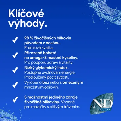 Kľúčové body: 98 % živočíšnych bielkovín z oceánu, bohaté na omega-3, nízky glykemický index, bez alebo s malým množstvom obilnín, jediný zdroj bielkovín pre citlivé zvieratá. Kľúčové body: 98 % živočíšnych bielkovín z oceánu, bohaté na omega-3, nízky glykemický index, bez alebo s malým množstvom obilnín, jediný zdroj bielkovín pre citlivé zvieratá.