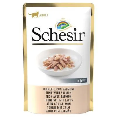 Schesir Adult kattenvoer in jelly, tonijn met zalm. Tekst op verpakking in meerdere talen: Tonijn met zalm, Tuna with salmon, Thunfisch mit Lachs, Atún con salmón.
