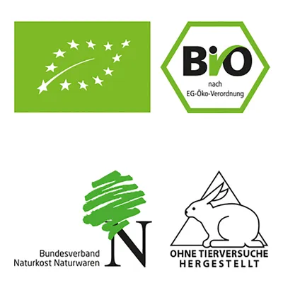 EU-luomumerkki, Bio nach EG-Öko-Verordnung, Bundesverband Naturkost Naturwaren, Ohne Tierversuche hergestellt. Tekstit saksaksi.