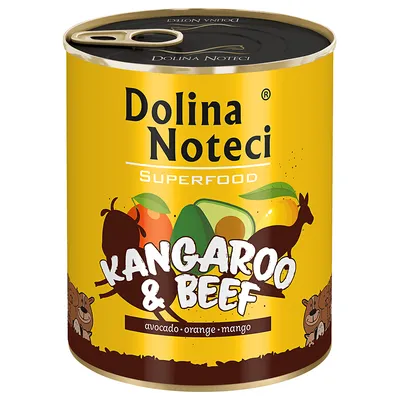 Dolina Noteci Superfood Kangaroo & Beef mit Avocado, Orange und Mango. Gelbe Dose mit Tiermotiven und Zutatenabbildungen.