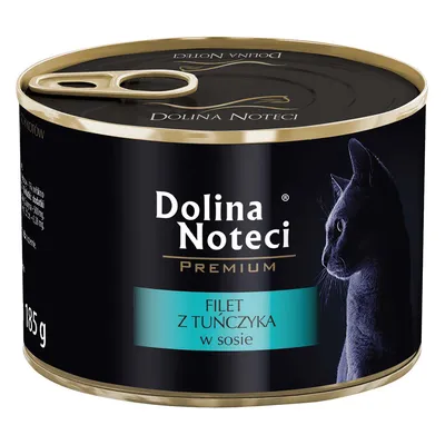 Conservă Dolina Noteci Premium, FILET Z TUŃCZYKA w sosie, 185 g. Imagine cu o pisică pe ambalaj. Textul este în limba poloneză.