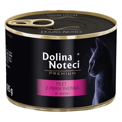 Conservă Dolina Noteci Premium, FILET Z PIERSI INDYKA w sosie, imagine cu silueta unei pisici pe ambalaj, greutate 185 g. Textul de pe etichetă este în poloneză.