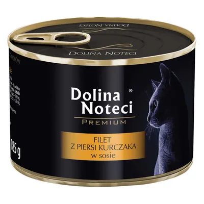 Conservă Dolina Noteci Premium, filet z piersi kurczaka w sosie, imagine cu silueta unei pisici pe ambalaj, greutate 185 g. Textul de pe etichetă este în limba poloneză.