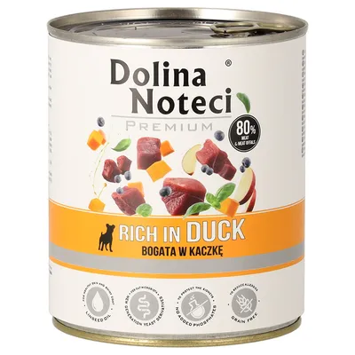 Dolina Noteci Premium Nassfutter, reich an Ente, 80% Fleischanteil, mit Leinsamenöl, ohne Phosphate, getreidefrei. Für gesunde Haut, Verdauung und Allergiereduktion.