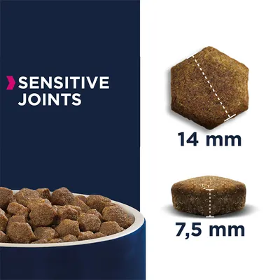 Dry food for sensitive joints. Shown kibble size: diameter 14 mm, height 7.5 mm.