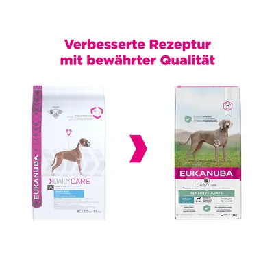 Eukanuba Daily Care Sensitive Joints. Verbesserte Rezeptur mit bewährter Qualität. Verpackungsänderung von altem Design zu neuem Design sichtbar.