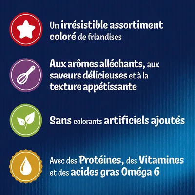 Un irrésistible assortiment coloré de friandises, arômes alléchants, saveurs délicieuses, sans colorants artificiels ajoutés, avec protéines, vitamines et acides gras Oméga 6.