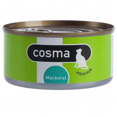 Blik Cosma kattenvoer, variant Mackerel, met opschrift 'Fisch Pur' en afbeelding van een kat op het etiket.