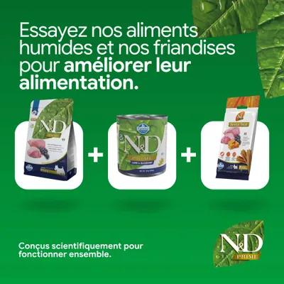 N&D Prime croquettes, aliments humides et friandises dental. Développés scientifiquement pour améliorer ensemble l’alimentation. N&D Prime croquettes, aliments humides et friandises dental. Développés scientifiquement pour améliorer ensemble l’alimentation.