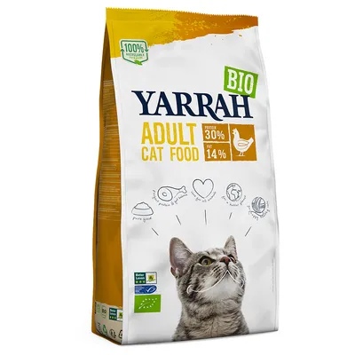 Yarrah BIO Adult Cat Food, proteiini 30 %, rasva 14 %, 100 % kierrätettävä pakkaus. Beter Leven -merkki ja EU-luomumerkki näkyvissä pussin etupuolella.