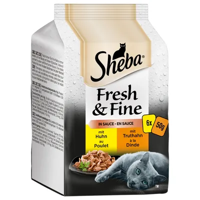 Sheba Fresh & Fine kissan märkäruoka, kastikkeessa, 6 x 50 g annospakkausta. Makuina kana ja kalkkuna. Pakkauksessa kuva harmaasta kissasta ja annosruoasta.