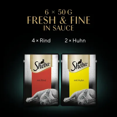 Sheba Fresh & Fine in Sauce, 6 x 50 g. Packung enthält 4 x Rind und 2 x Huhn.