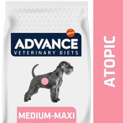 Advance Veterinary Diets affinity, ATOPIC, MEDIUM-MAXI. Opakowanie z rysunkiem psa i różowym symbolem na boku.