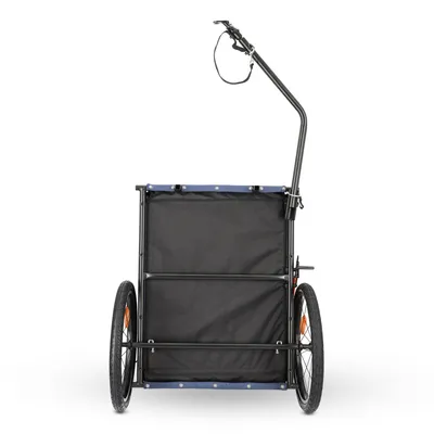 Black bicycle trailer with two wheels and handlebar, suitable for transport purposes.