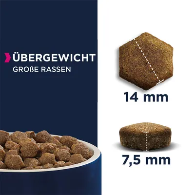 Suha hrana za velike pasmine s prekomjernom težinom. Veličina kroketa: promjer 14 mm, visina 7,5 mm.