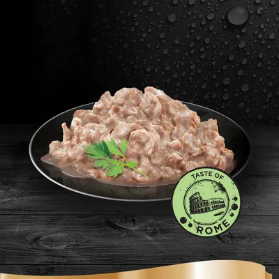 Lautasella annos kastikkeessa olevaa lihaa, päällä persiljanlehti. Edessä vihreä merkki: Taste of Rome ja Colosseumin kuva.