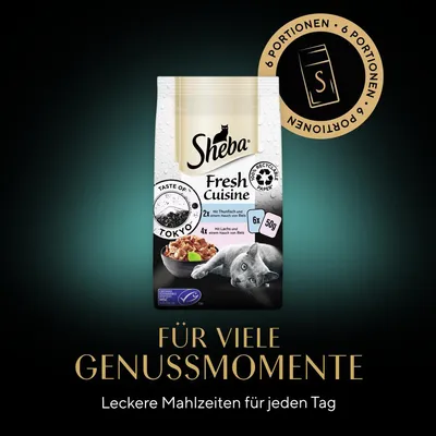 Sheba Fresh Cuisine, Taste of Tokyo, 6 porcija po 50g. S tunjevinom i daškom riže te lososom. Ambalaža od recikliranog papira.