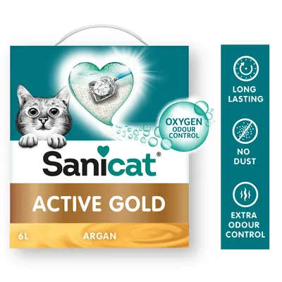 Sanicat Active Gold stelivo pre mačky s argánom, 6 l. Vlastnosti: Oxygen Odour Control, dlhá výdrž, bez prachu, extra kontrola zápachu.