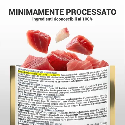 Testo: 'MINIMAMENTE PROCESSATO, ingredienti riconoscibili al 100%'. Etichetta visibile: tonnetto 55%, orata 4%, riso 15%. Alimento complementare per gatti adulti. Istruzioni e analisi nutrizionale.