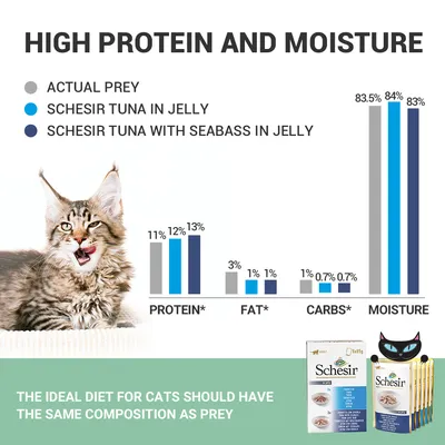 Fehérje, zsír, szénhidrát és nedvesség összehasonlító diagram: Actual Prey, Schesir Tuna in Jelly, Schesir Tuna with Seabass in Jelly. Szöveg angolul: The ideal diet for cats should have the same composition as prey.