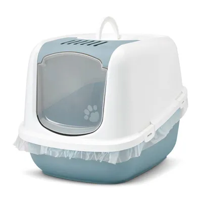 Kattenbak met kap, transparant klapdeurtje met pootafdruk, handvat bovenop, lichtblauwe onderbak en witte rand met bevestigde plastic zak.