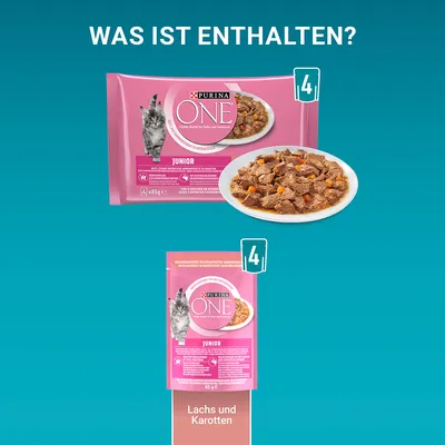 Purina ONE Junior Nassfutter für Katzen, Lachs und Karotten, Packung mit 4 x 85g. Abgebildet: Verpackung und serviertes Futter.