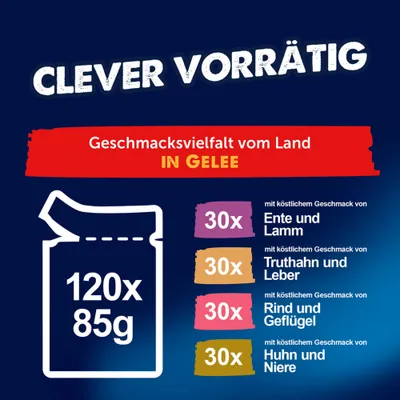 Jumbopack Felix "So gut wie es aussieht" Gelee 120 x 85 g - Doppelt lecker (Rind & Geflügel, Truthahn & Leber, Huhn & Niere, Ente & Lamm) Jumbopack Felix "So gut wie es aussieht" Gelee 120 x 85 g - Doppelt lecker (Rind & Geflügel, Truthahn & Leber, Huhn & Niere, Ente & Lamm)