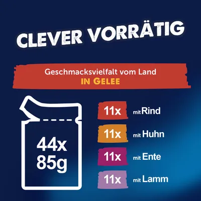 Geschmacksvielfalt vom Land in Gelee: 44x85g, je 11x mit Rind, Huhn, Ente und Lamm. Geschmacksvielfalt vom Land in Gelee: 44x85g, je 11x mit Rind, Huhn, Ente und Lamm.