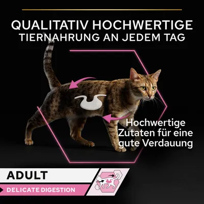 Qualitativ hochwertige Tiernahrung für Erwachsene Katzen. Hochwertige Zutaten fördern eine gute Verdauung. Produktlinie: Adult, Delicate Digestion.