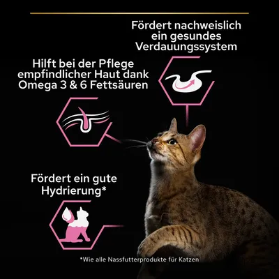 Fördert ein gesundes Verdauungssystem, Pflege empfindlicher Haut dank Omega 3 & 6 Fettsäuren, gute Hydrierung. Nassfutterprodukte für Katzen.
