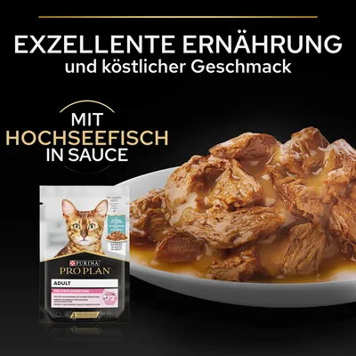 Purina Pro Plan Adult Delicate Digestion mit Hochseefisch in Sauce. Exzellente Ernährung und köstlicher Geschmack.