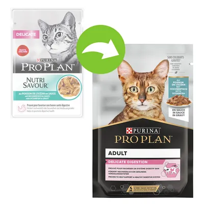 Purina Pro Plan Nutri Savour és Purina Pro Plan Adult Delicate Digestion macskaeledel csomagolás, óceáni halas szószban változat, csomagváltást jelző nyíllal.
