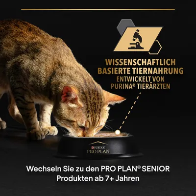 Wissenschaftlich basierte Tiernahrung, entwickelt von Purina Tierärzten. Wechseln Sie zu den PRO PLAN Senior Produkten ab 7+ Jahren.