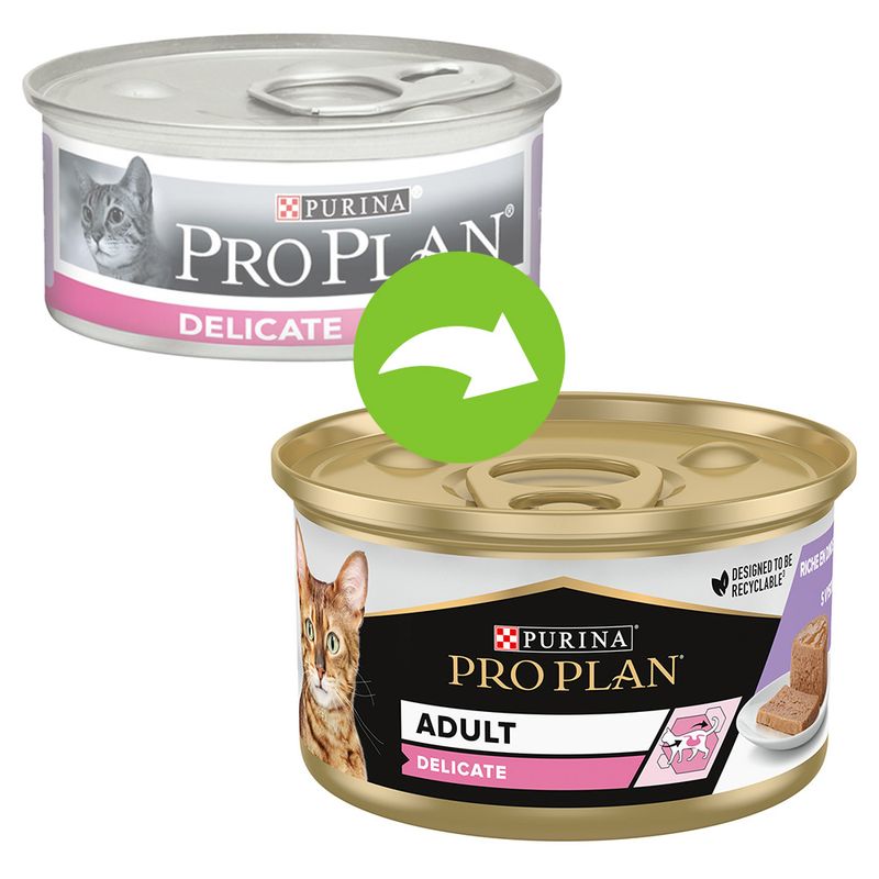Изменение дизайна упаковки: старая и новая банка корма для кошек Purina Pro Plan Delicate Adult, видны изображения кошек и надписи на обеих банках.