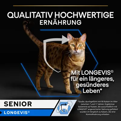 Texte en allemand : QUALITATIV HOCHWERTIGE ERNÄHRUNG. Mit LONGEVIS für ein längeres, gesünderes Leben. SENIOR LONGEVIS. Texte explicatifs en bas à droite en allemand.