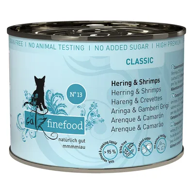 Catz Finefood Classic Nr. 13, hering és garnéla, gabonamentes, hozzáadott cukor nélkül, állatkísérlet-mentes, több mint 95% hal és főzőlé.