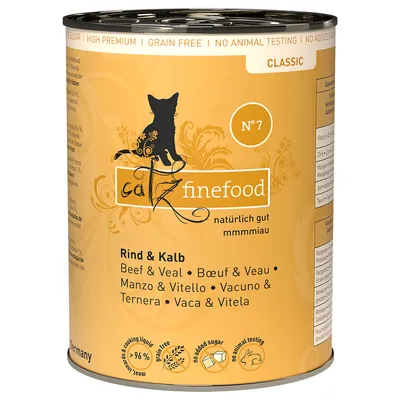 Konzerva catz finefood No 7 Classic, Rind & Kalb, Beef & Veal, bez obilovin, bez přidaného cukru, netestováno na zvířatech, 96 % masa, německý výrobek.