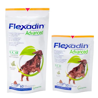 Flexadin Advanced допълваща храна за кучета с UC-II колаген и Boswellia serrata. Опаковки: 60 и 30 дъвчащи таблетки.
