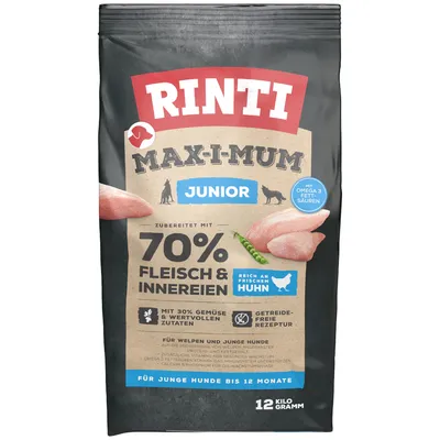 Rinti Maxi-Mum Junior, 70% meat & offal, rich in fresh chicken, with omega-3 fatty acids, grain-free recipe, for young dogs up to 12 months, 12 kg pack.
