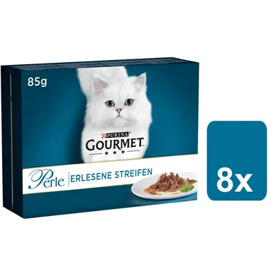 Purina Gourmet Perle Erlesene Streifen, 85g Packung, 8x Portionen. Abgebildet: weisse Katze und Teller mit Fleischstreifen in Sauce.