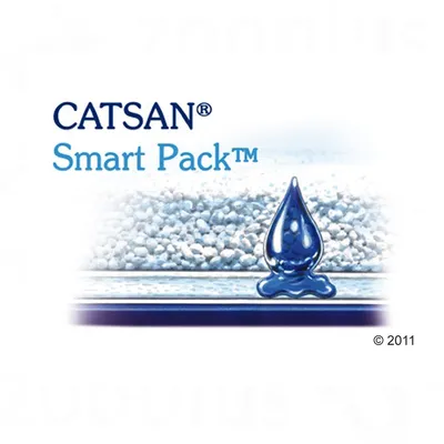 CATSAN Smart Pack™ με λευκά απορροφητικά κοκκία και μπλε σταγόνα. Το κείμενο είναι στα αγγλικά.