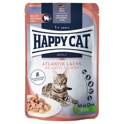 Happy Cat Adult Atlantik Lachs, wyprodukowana w Niemczech, dla kotów sterylizowanych, bezzbożowa receptura, bez dodatku konserwantów, All in One Natural Life Concept.